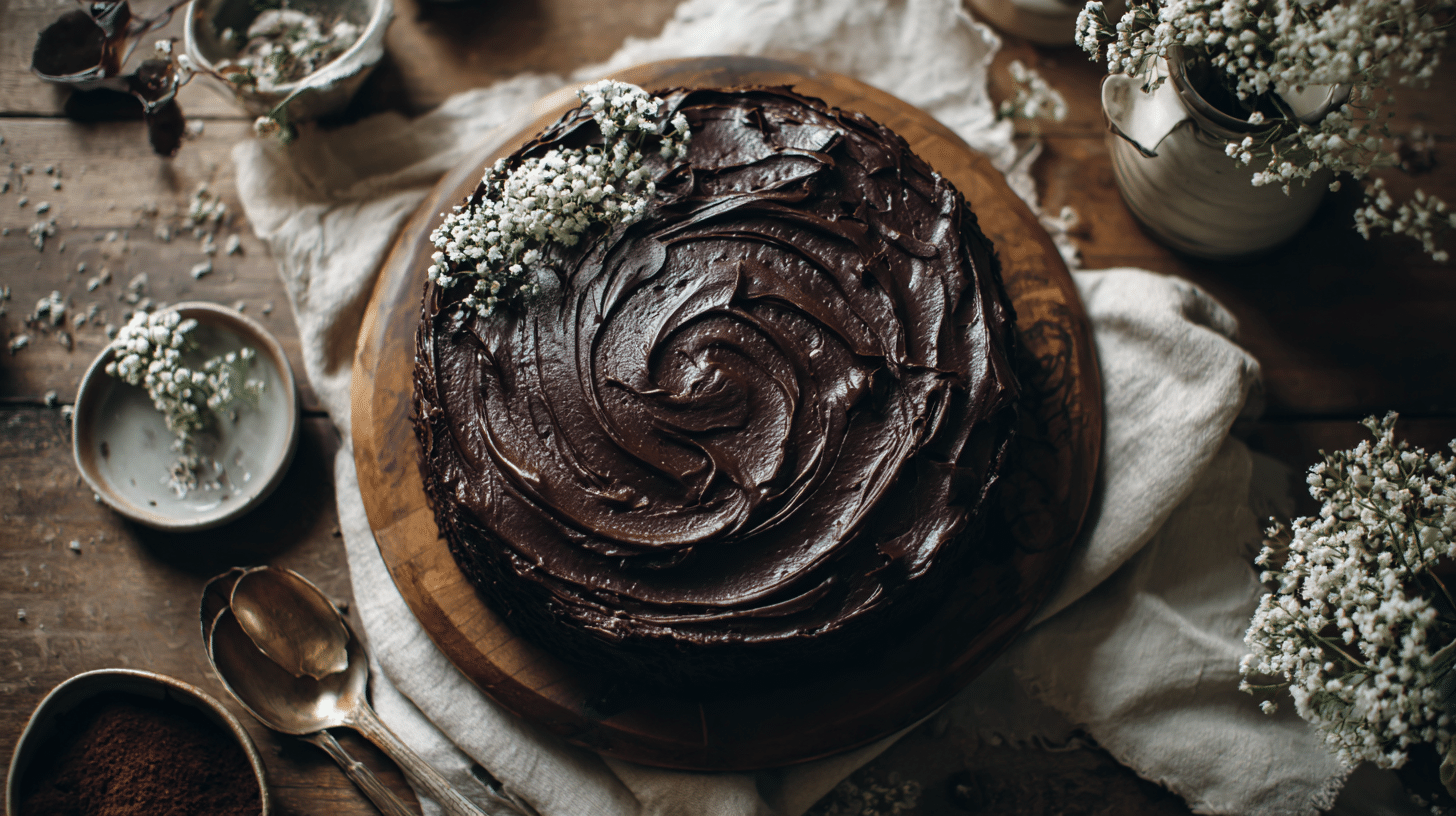 Chocolate cake with black icing swirls
