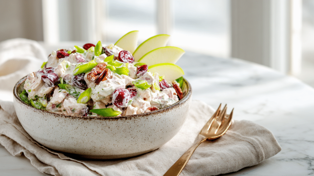 Cranberry Pecan Chicken Salad in rustic bowl