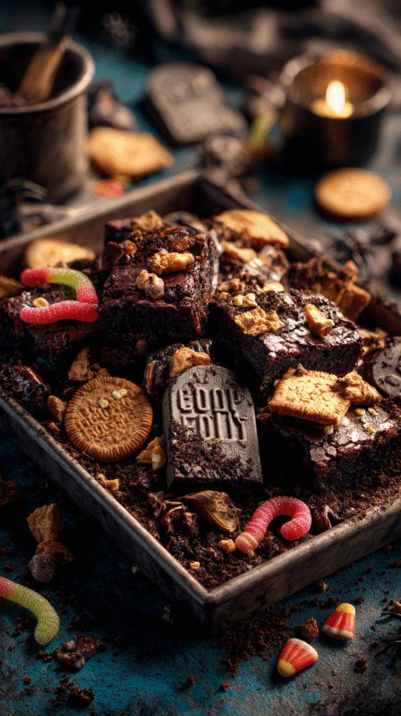 Graveyard Dirt Brownies on spooky Halloween tray