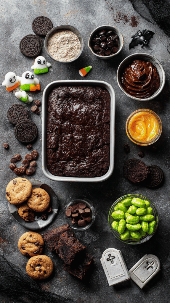 Graveyard dirt brownie ingredients laid out