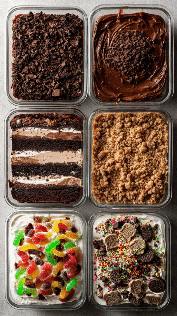 Making graveyard dirt brownies with layers