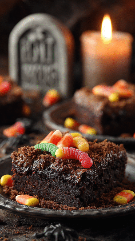 Served graveyard dirt brownie with Halloween decor
