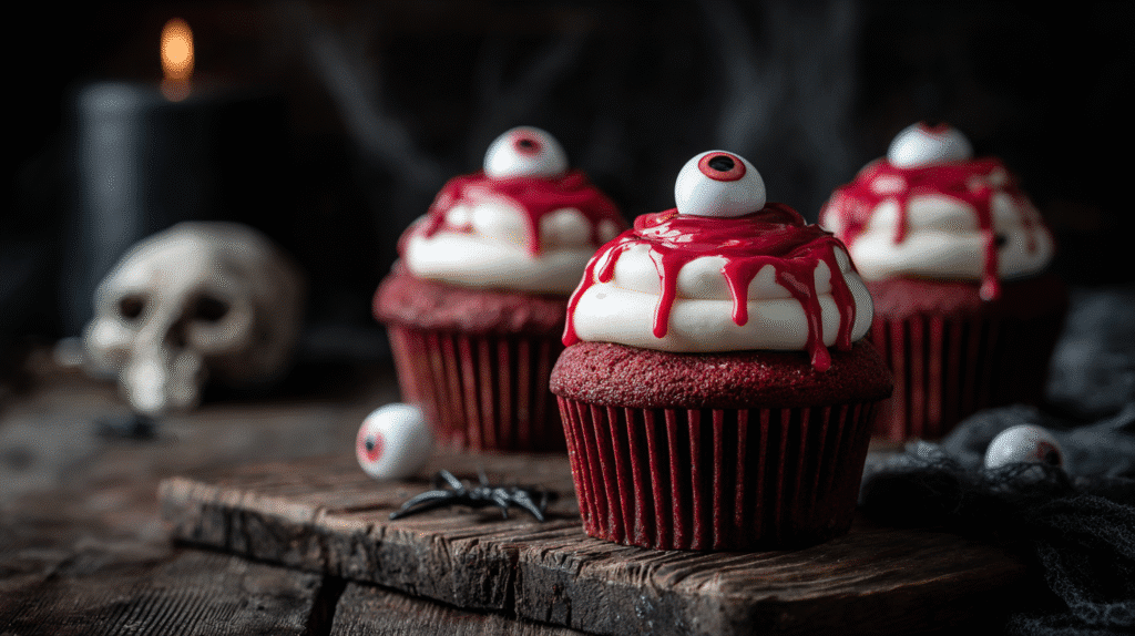 Halloween Augapfel Cupcakes with piped white frosting and fondant eyeballs