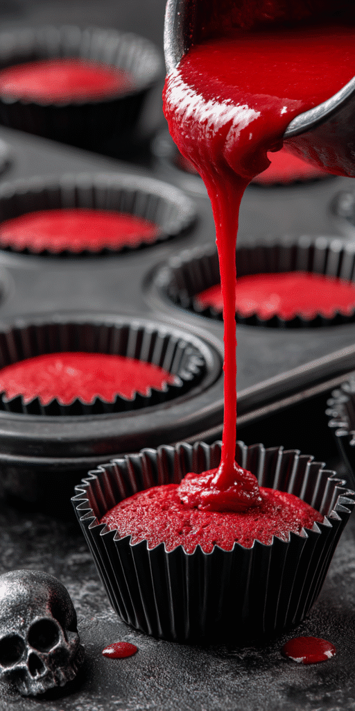 Red velvet cupcake batter being poured into liners
