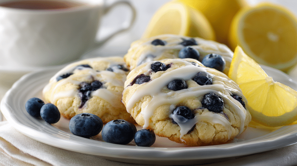 Blueberry Lemon Heaven Cookies with golden edges and lemon glaze