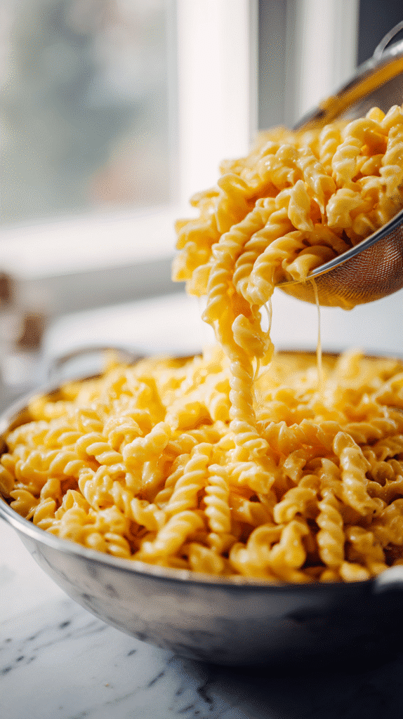 Boiling and draining pasta for Monster Mac and Cheese recipe