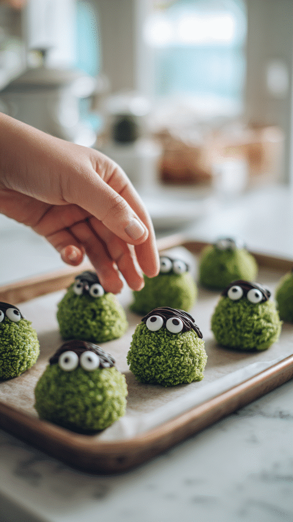 Decorated Frankenstein cookie balls on tray after chilling