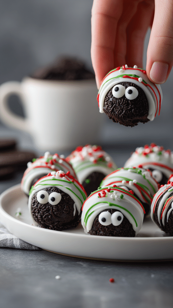 Decorating Monster Eyeballs Truffles with candy eyes
