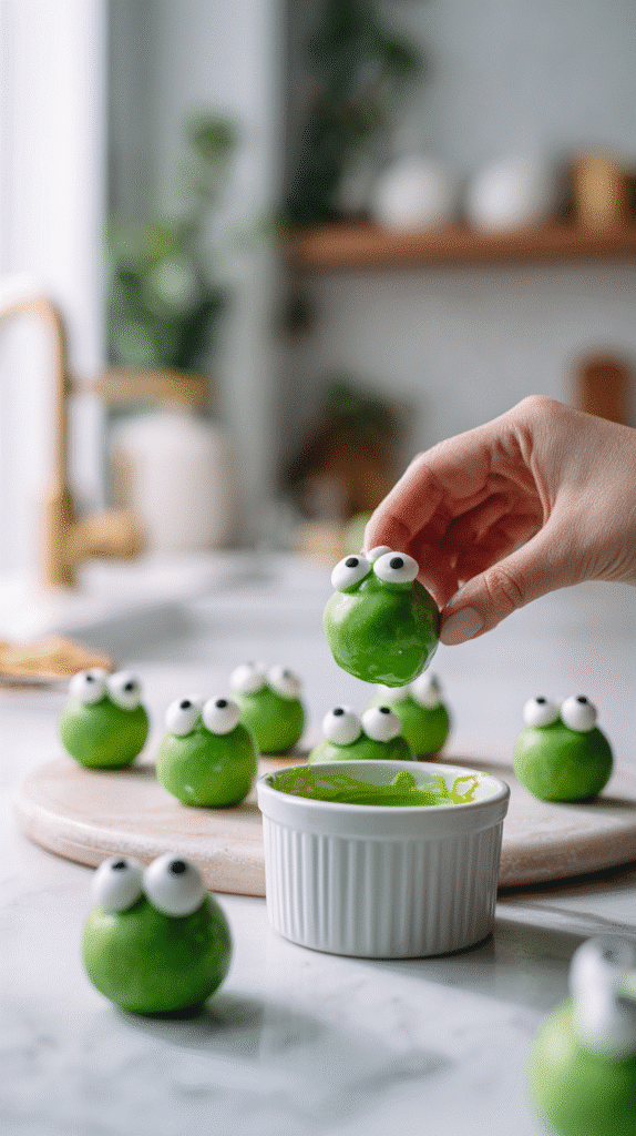 Dipping cookie balls in green candy melts for Frankenstein cookie balls