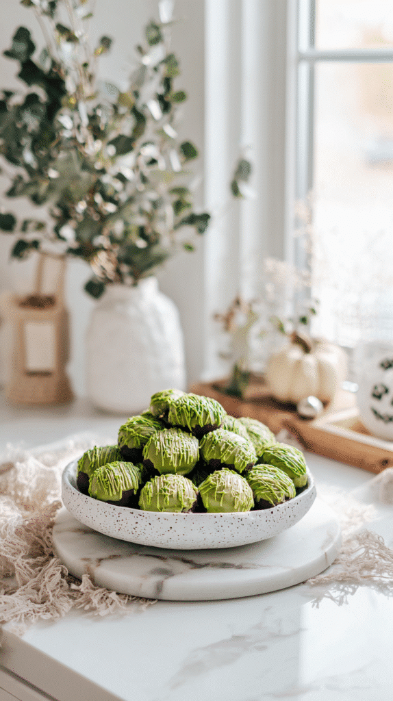 Frankenstein cookie balls served on Halloween platter