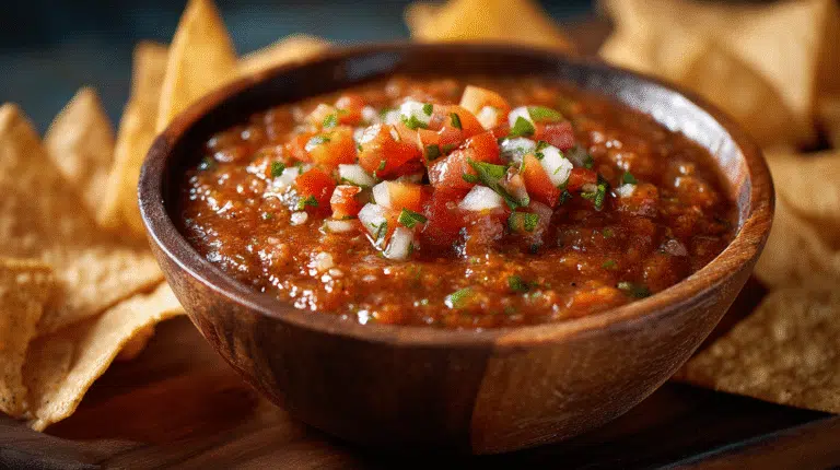 Hero shot of Apple Pie Dip Salsa with cinnamon sugar tortilla chips
