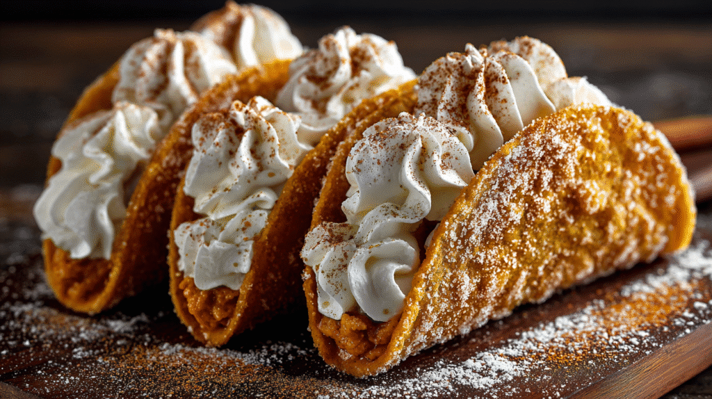 Hero shot of Pumpkin Pie Tacos with cinnamon-sugar shells and creamy filling