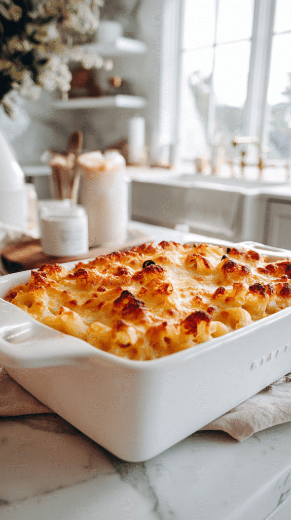 Monster Mac and Cheese bubbling fresh from the oven with olive eyeballs