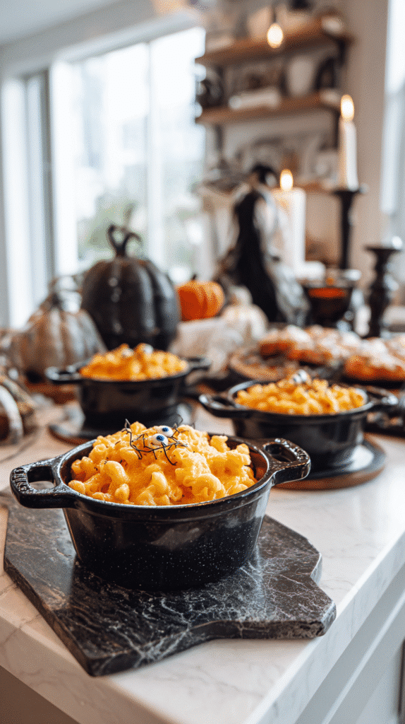 Monster Mac and Cheese served in black cauldron bowls with olive eyeballs