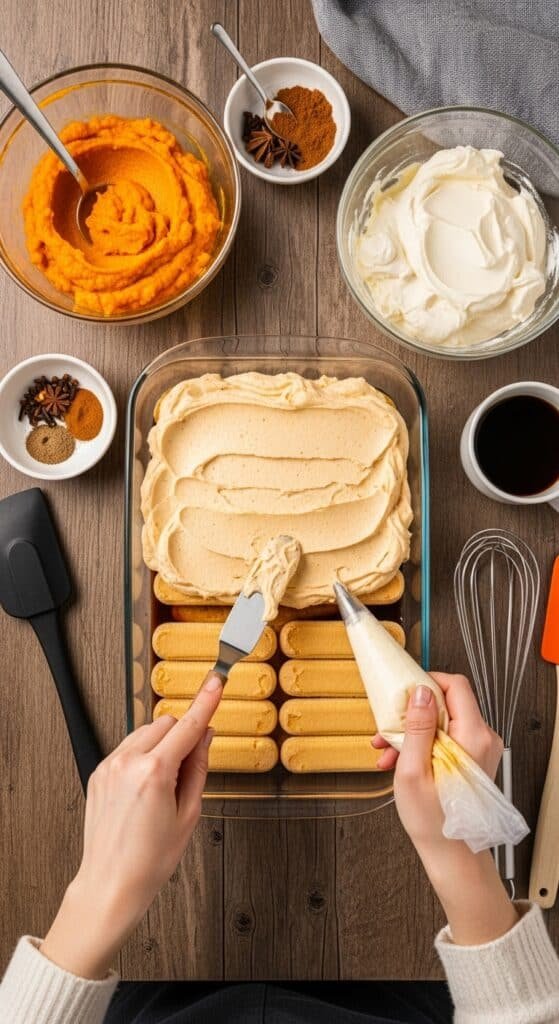 Preparing No-Bake Pumpkin Spice Tiramisu Recipe step by step cooking process