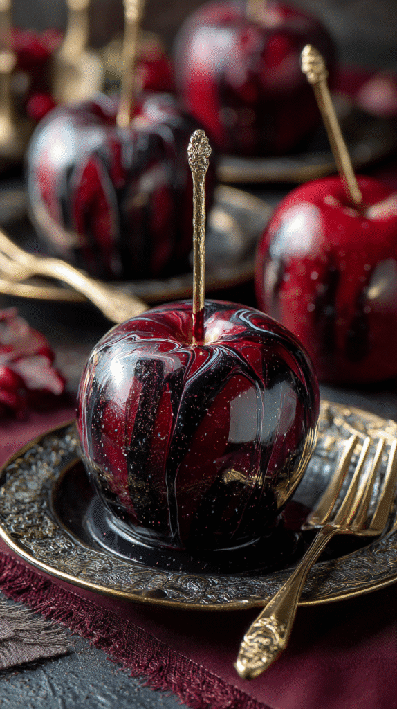 Serving the finished Black Swirl 'Poison' Candy Apples.