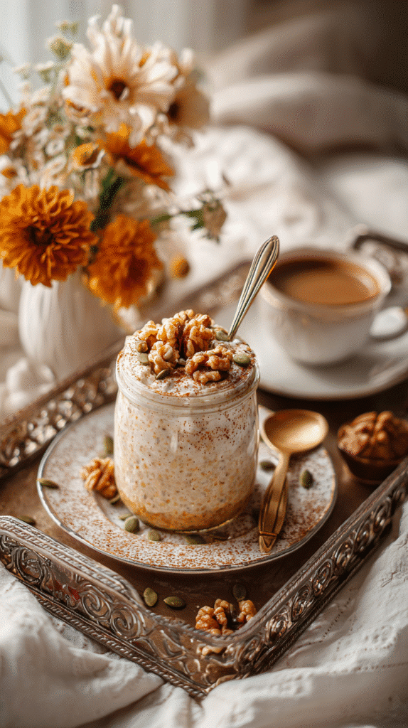 Serving the finished Creamy Pumpkin Spice Overnight Oats with elegance.