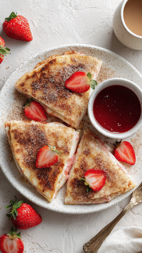 Serving the finished Strawberry Cream Cheese Quesadillas with a sprinkle of cinnamon sugar.