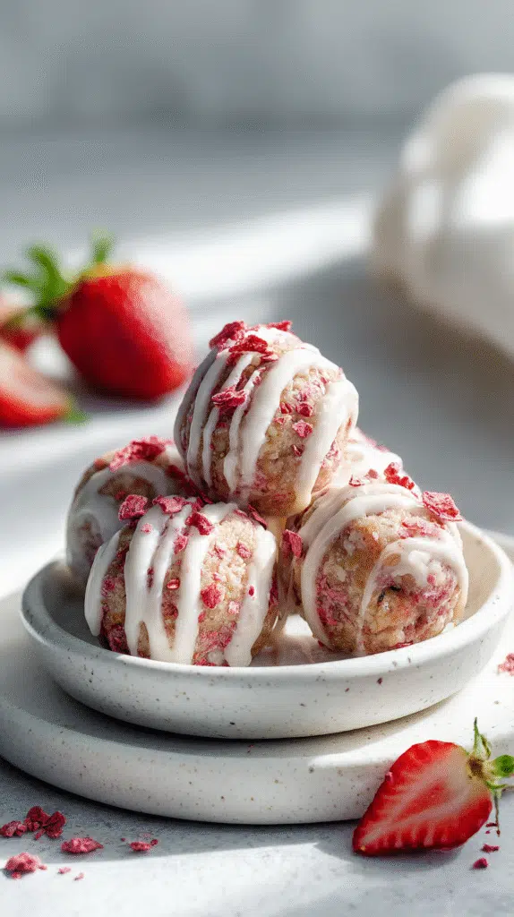 Serving the finished Strawberry Shortcake Energy Bites.