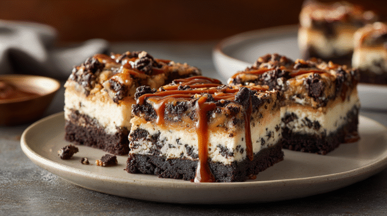 Slutty cheesecake bars with Oreo base and caramel drizzle