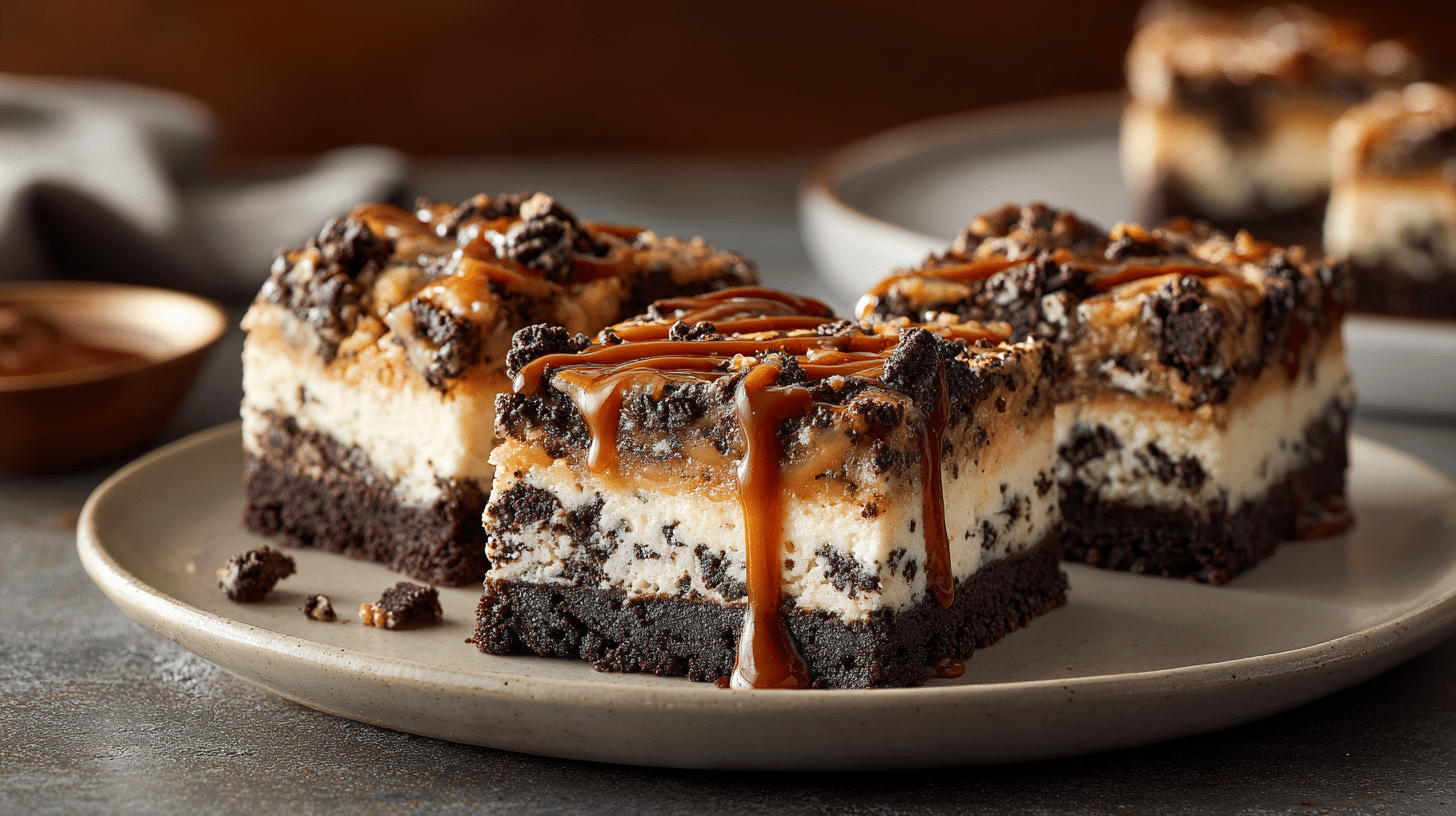 Slutty cheesecake bars with Oreo base and caramel drizzle