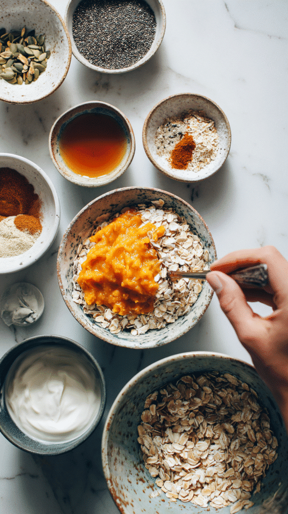 Step-by-step preparation of Creamy Pumpkin Spice Overnight Oats.