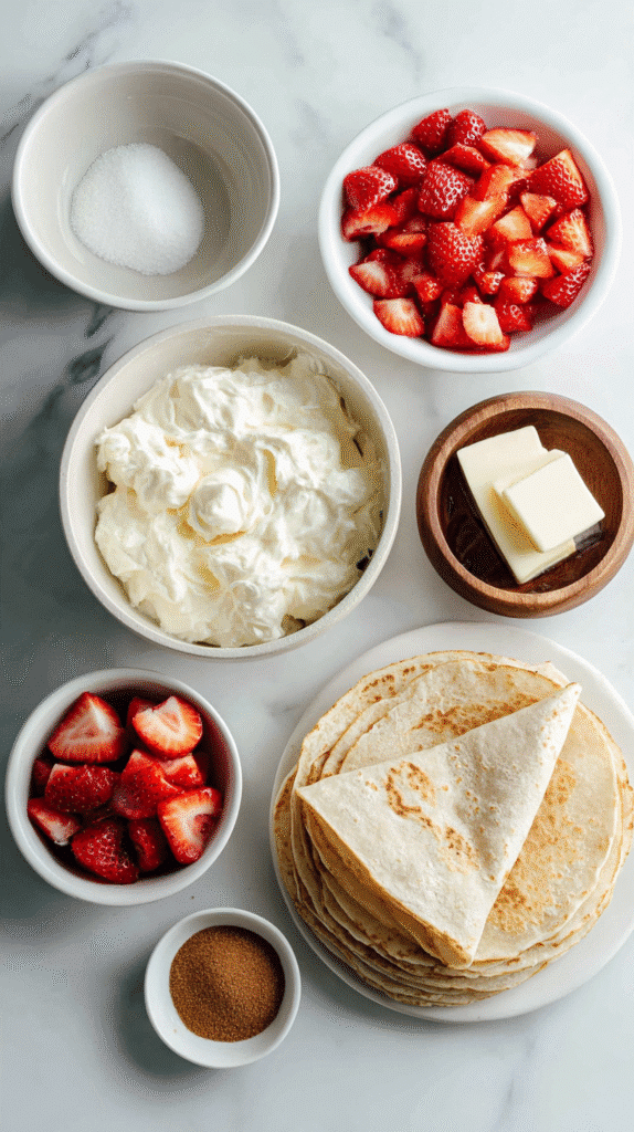 Step-by-step preparation of Strawberry Cream Cheese Quesadillas, showing hands spreading cream cheese and adding strawberries.