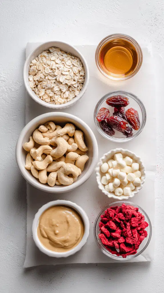 Step-by-step preparation of Strawberry Shortcake Energy Bites.