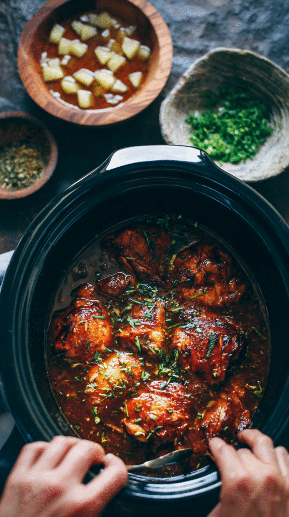 Step-by-step preparation of Sweet Hawaiian Crockpot Chicken.