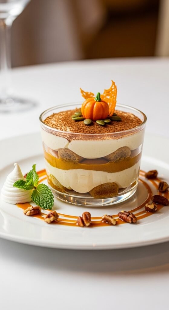 No-Bake Pumpkin Spice Tiramisu Recipe being served on beautiful dinnerware