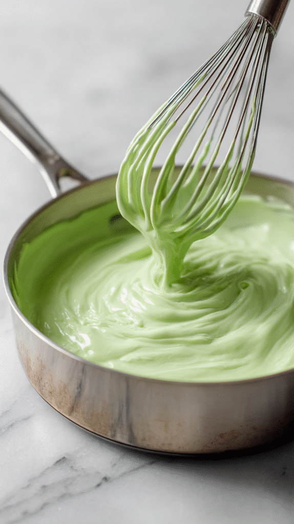 Whisking green cheese sauce for Monster Mac and Cheese