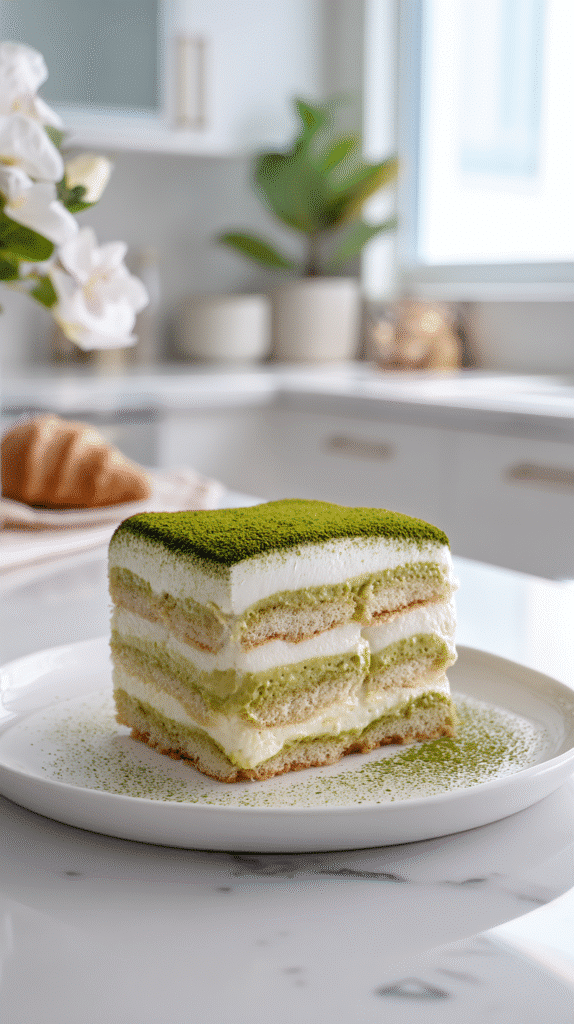 Serving matcha tiramisu in glass cups
