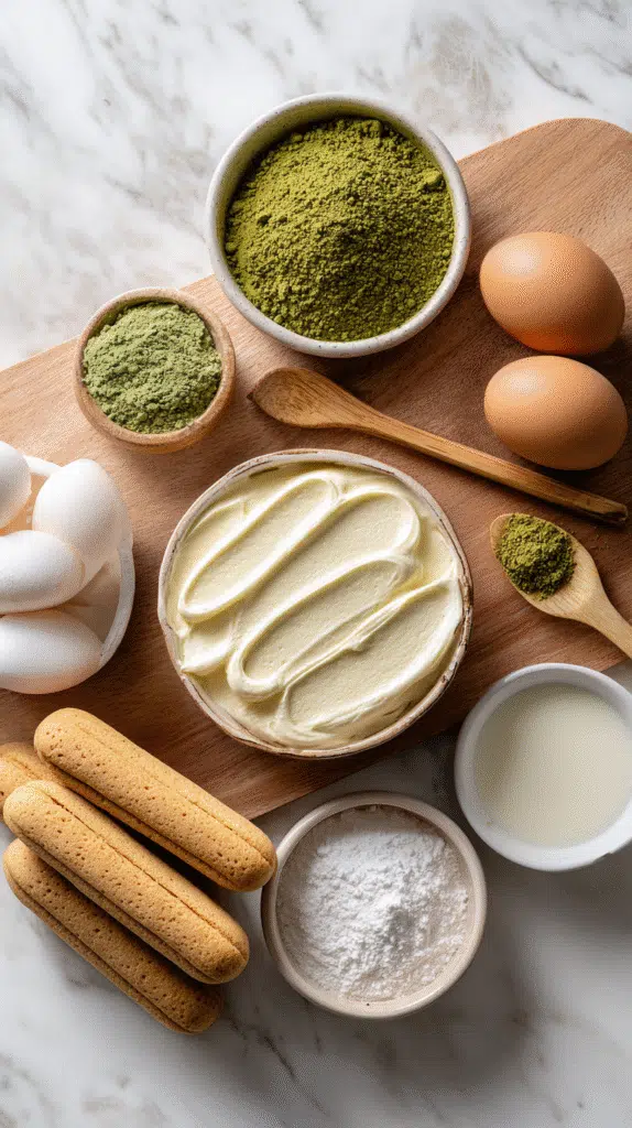 Ingredients for matcha tiramisu recipe flat lay