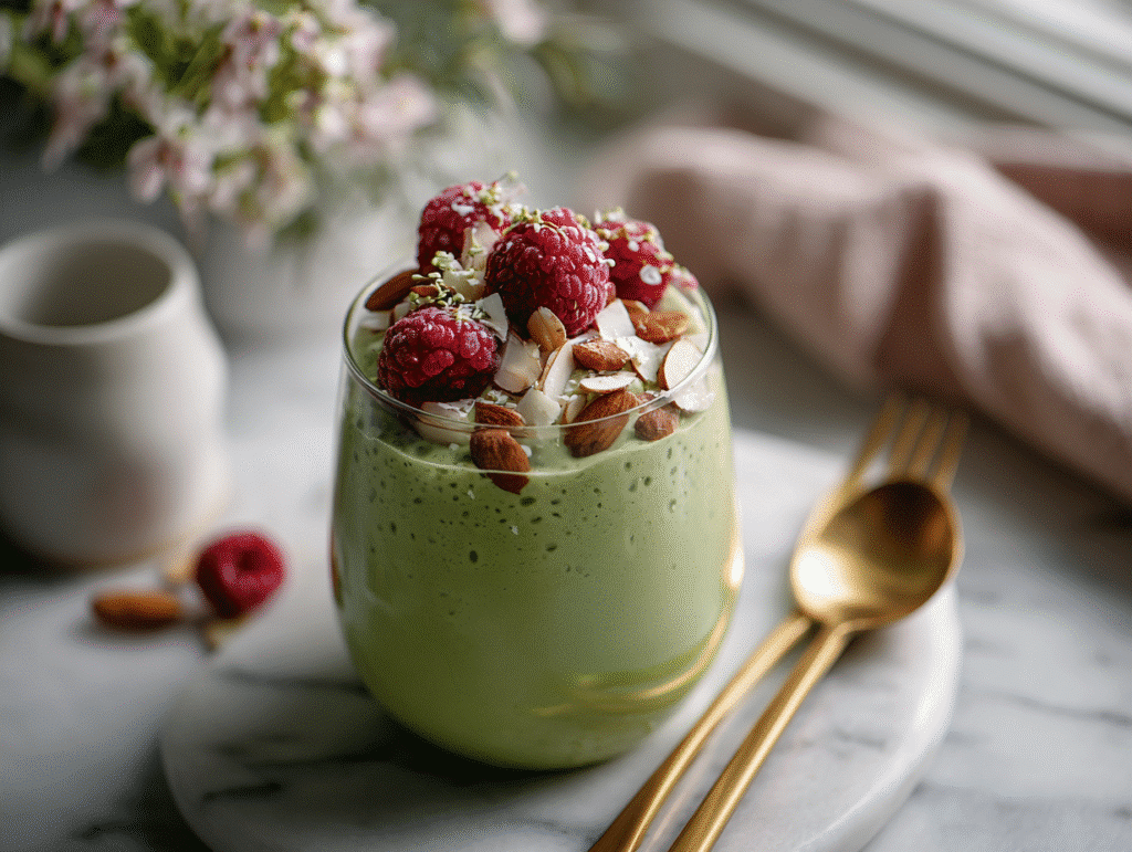 matcha chia pudding in jar with toppings