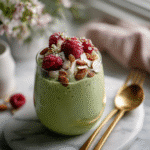 matcha chia pudding in jar with toppings