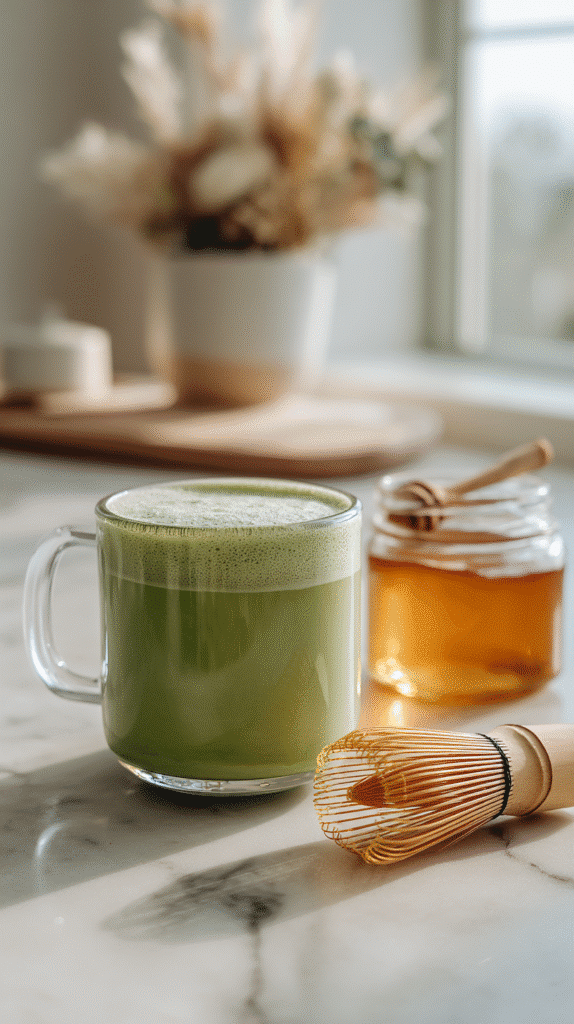 hot matcha latte served with cookies
