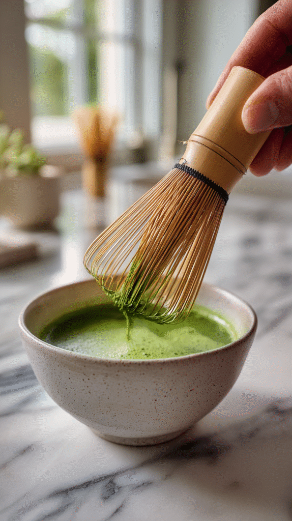 whisking matcha for hot latte