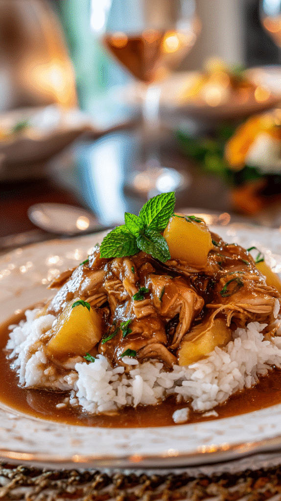 Serving the finished Sweet Hawaiian Crockpot Chicken with rice.