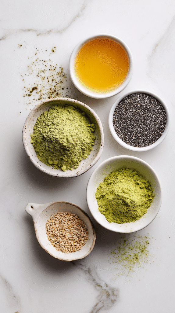 matcha chia pudding ingredients flat lay