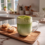 hot matcha latte recipe in clear mug