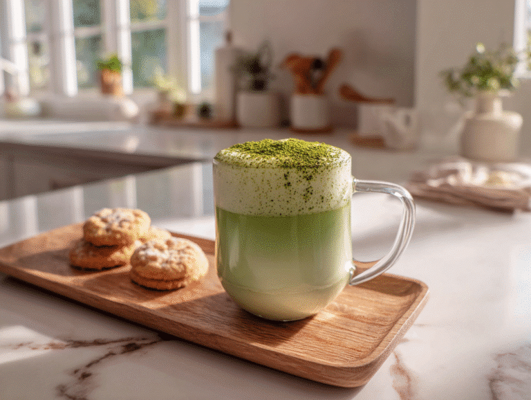 hot matcha latte recipe in clear mug