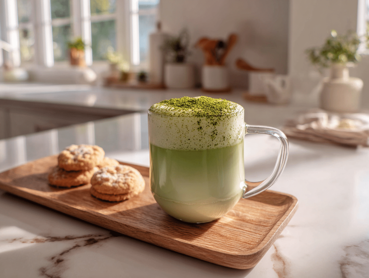 hot matcha latte recipe in clear mug