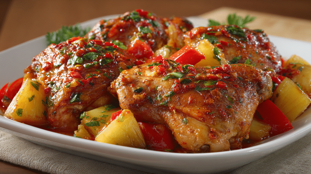 Sweet Hawaiian Crockpot Chicken being served on beautiful dinnerware