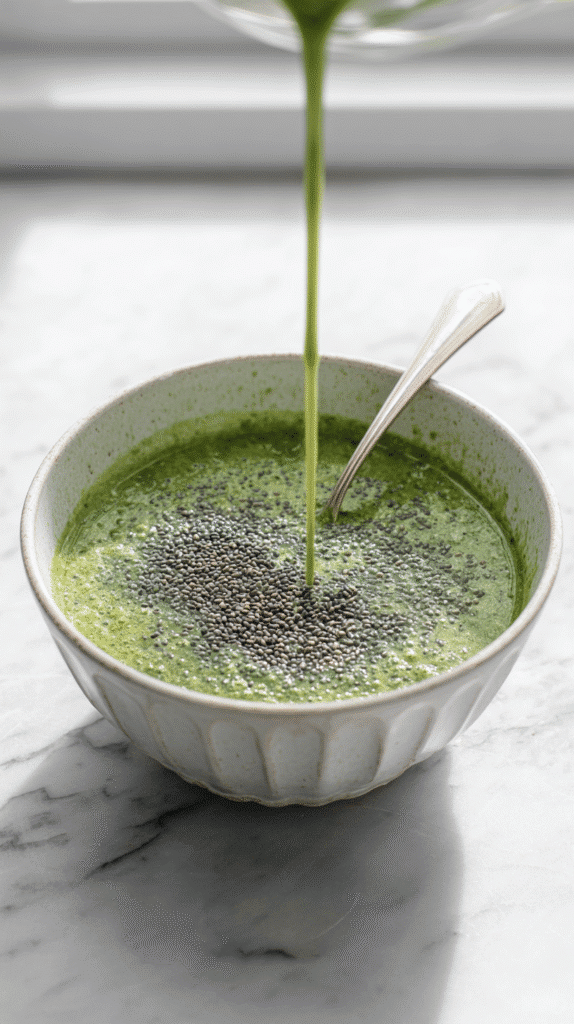 stirring chia seeds into matcha milk