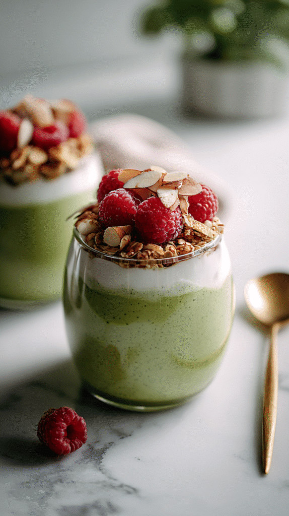 matcha chia pudding jars with fruit and granola