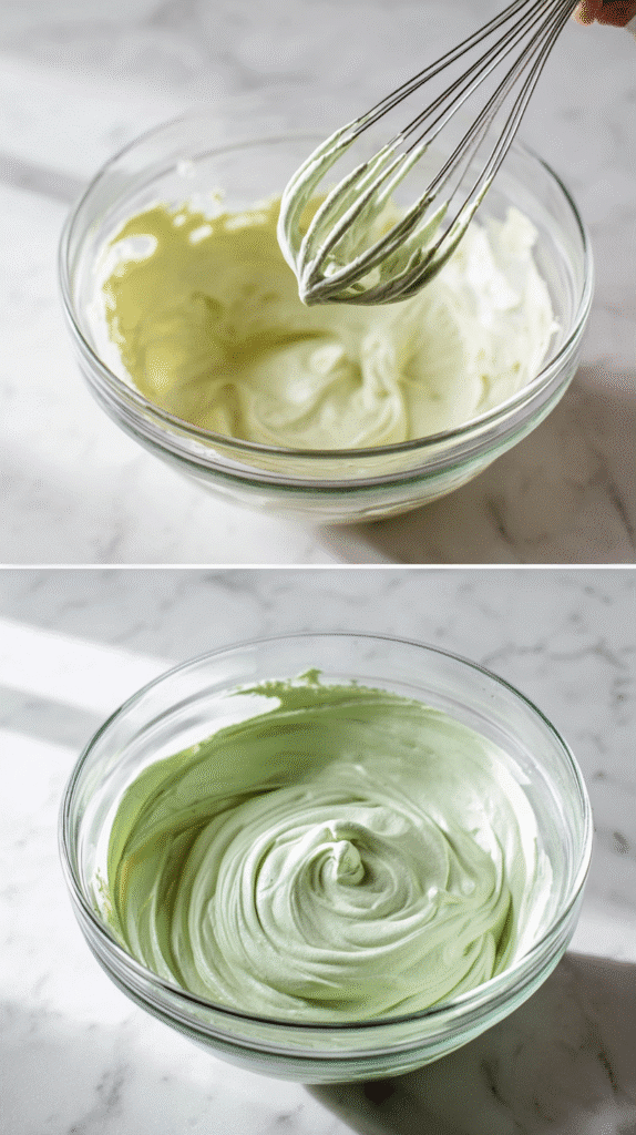 Preparing matcha mascarpone cream for tiramisu