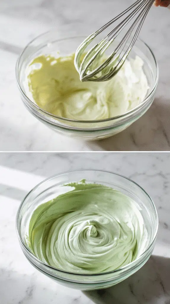 Preparing matcha mascarpone cream for tiramisu