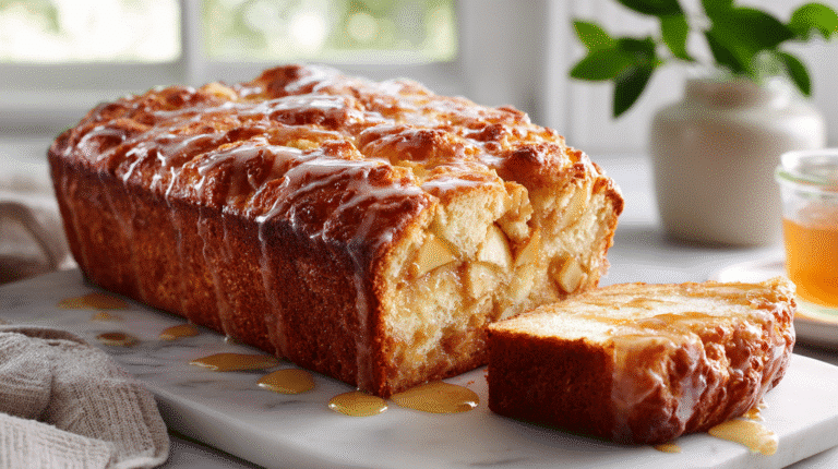 Amish Apple Fritter Bread hero shot with cinnamon glaze and apple chunks on a white marble countertop