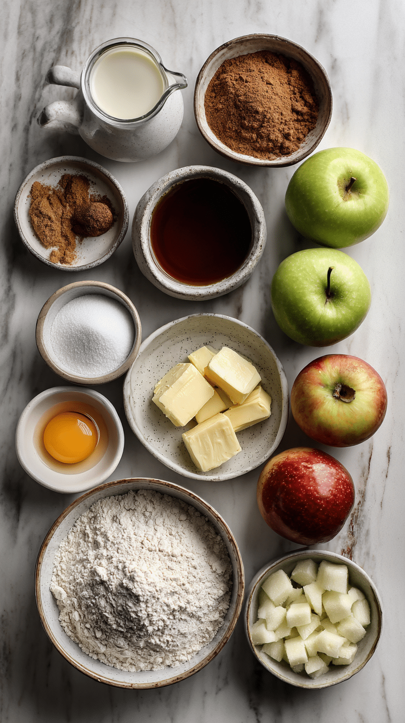 Ingredients for Amish Apple Fritter Bread arranged on marble countertop