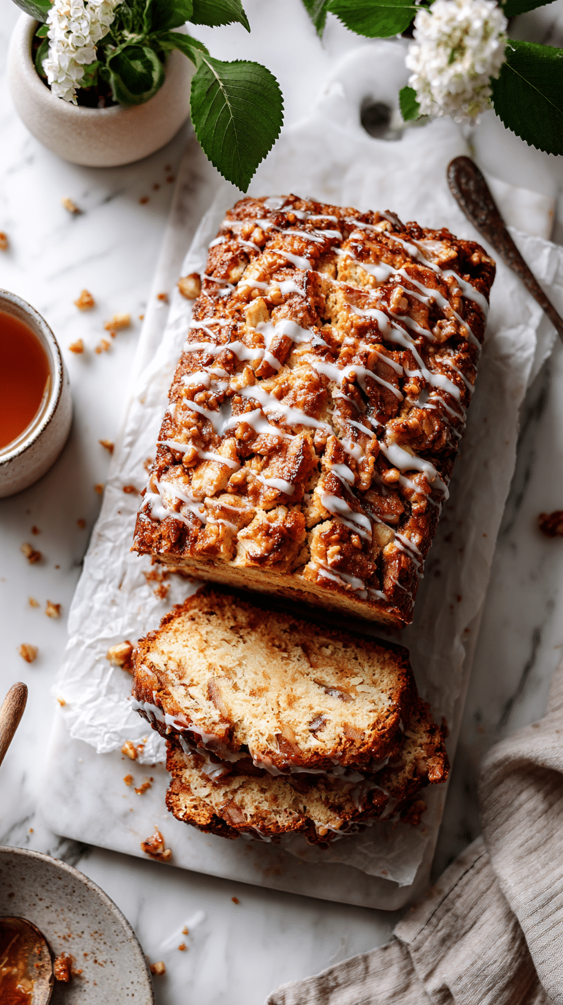 Top-down view of Amish Apple Fritter Bread loaf with glaze